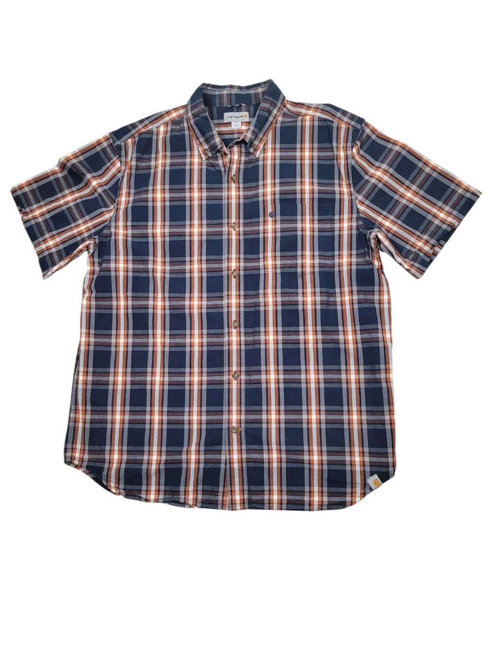 Carhartt Navy Blue & Orange Plaid Pattern Button Down Shirt Relaxed Fit Size: XL